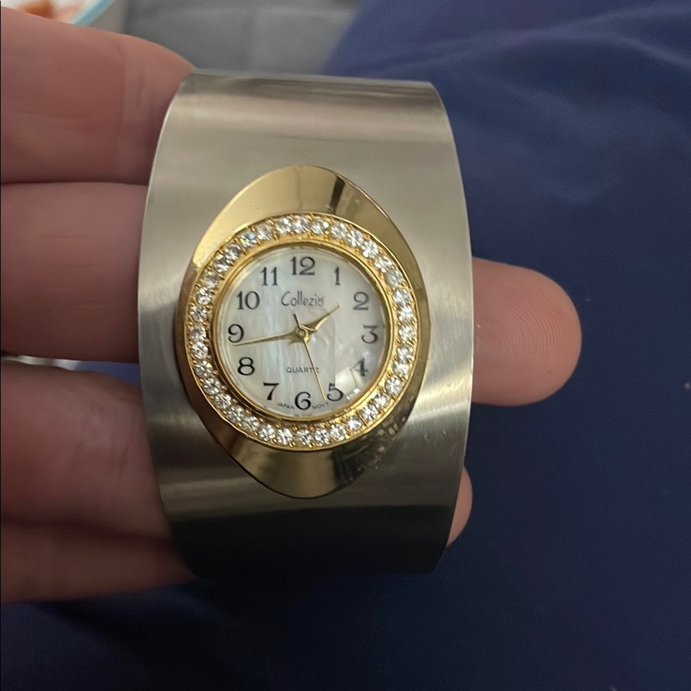 Gold and Silver Cuff Watch with Sparkling Bezel